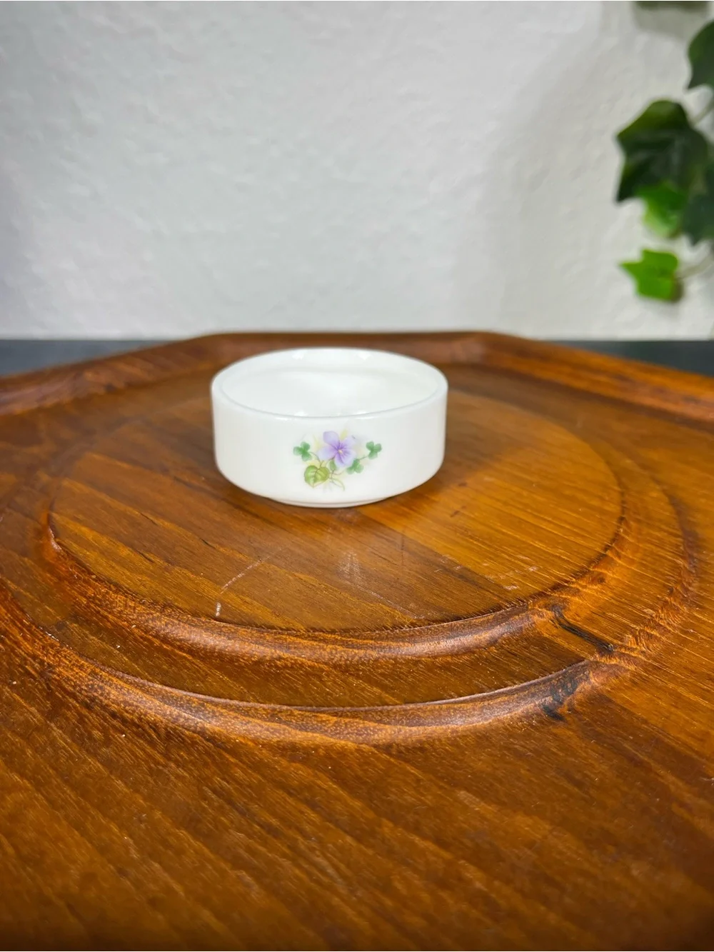 Vintage White Ceramic Trinket Dish with Purple Floral Design